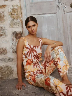 Next Pink Floral Patch Print Square Neck Wide Leg Jersey Jumpsuit New