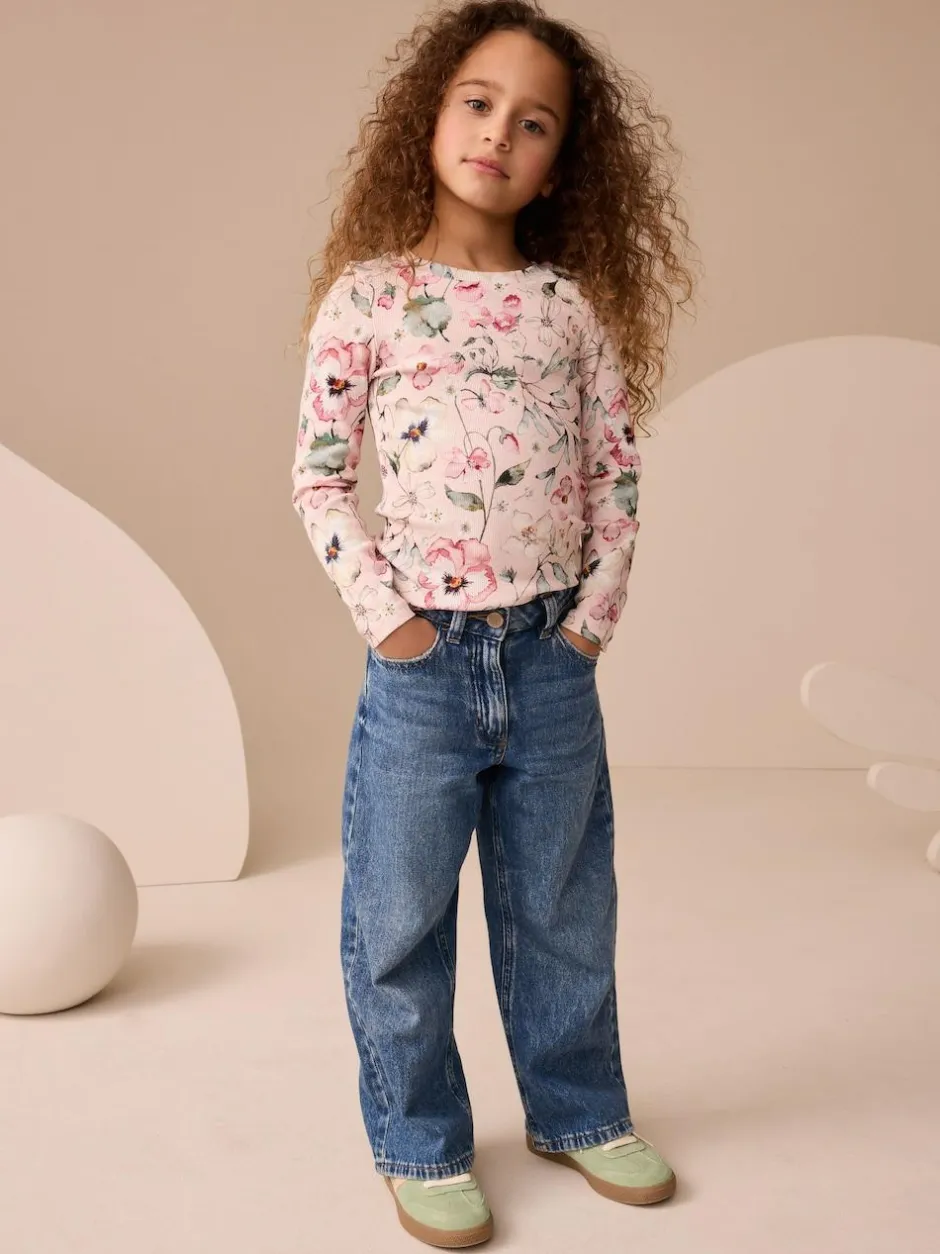 Next Pink Floral Print Long Sleeve Ribbed T-Shirts 4 Pack (3-16yrs) Outlet
