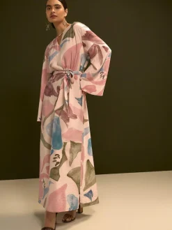 Next V-Neck 3/4 Length Sleeve Maxi Kaftan Dress Pink Floral Print Online