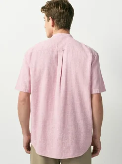 Next Grandad Collar Cotton Linen Blend Short Sleeve Shirt Pink New