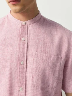 Next Grandad Collar Cotton Linen Blend Short Sleeve Shirt Pink New