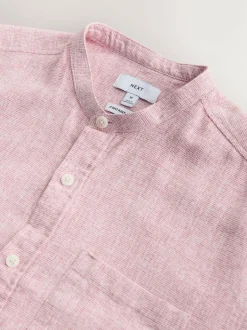 Next Grandad Collar Cotton Linen Blend Short Sleeve Shirt Pink New