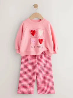 Next Pink Heart Sweatshirt & Wide Leg Trousers Set (3mths-7yrs) Hot