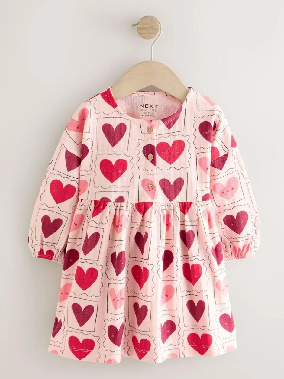 Next Long Sleeve Jersey Dress (3mths-7yrs) Pink Hearts New