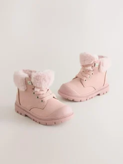 Next Lace Up Faux Fur Lined Boots Pink Clearance