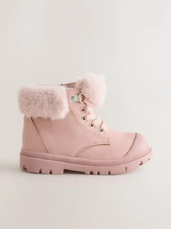 Next Lace Up Faux Fur Lined Boots Pink Clearance