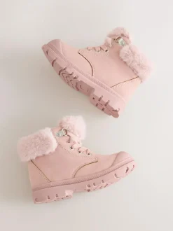 Next Lace Up Faux Fur Lined Boots Pink Clearance