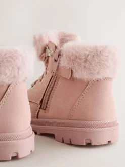 Next Lace Up Faux Fur Lined Boots Pink Clearance