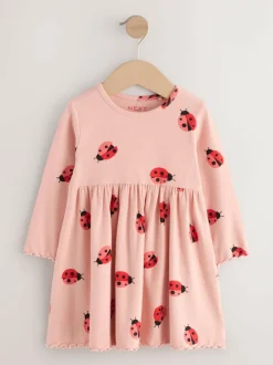 Next Pink Ladybird Long Sleeve Ribbed Dress (3mths-7yrs) Outlet