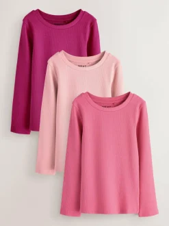 Next Pink Long Sleeve Ribbed Tops 3 Pack (3-16yrs) Online