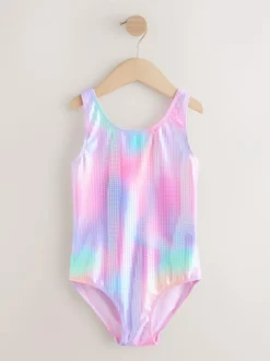 Next Scoop Neck Swimsuit (3-16yrs) Pink Rainbow Foil Sequin New