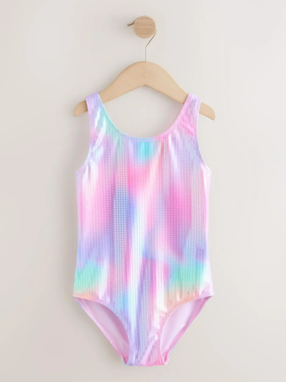 Next Scoop Neck Swimsuit (3-16yrs) Pink Rainbow Foil Sequin New