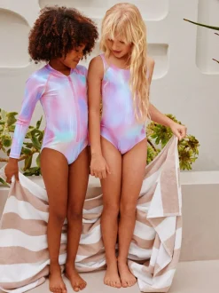 Next Scoop Neck Swimsuit (3-16yrs) Pink Rainbow Foil Sequin New