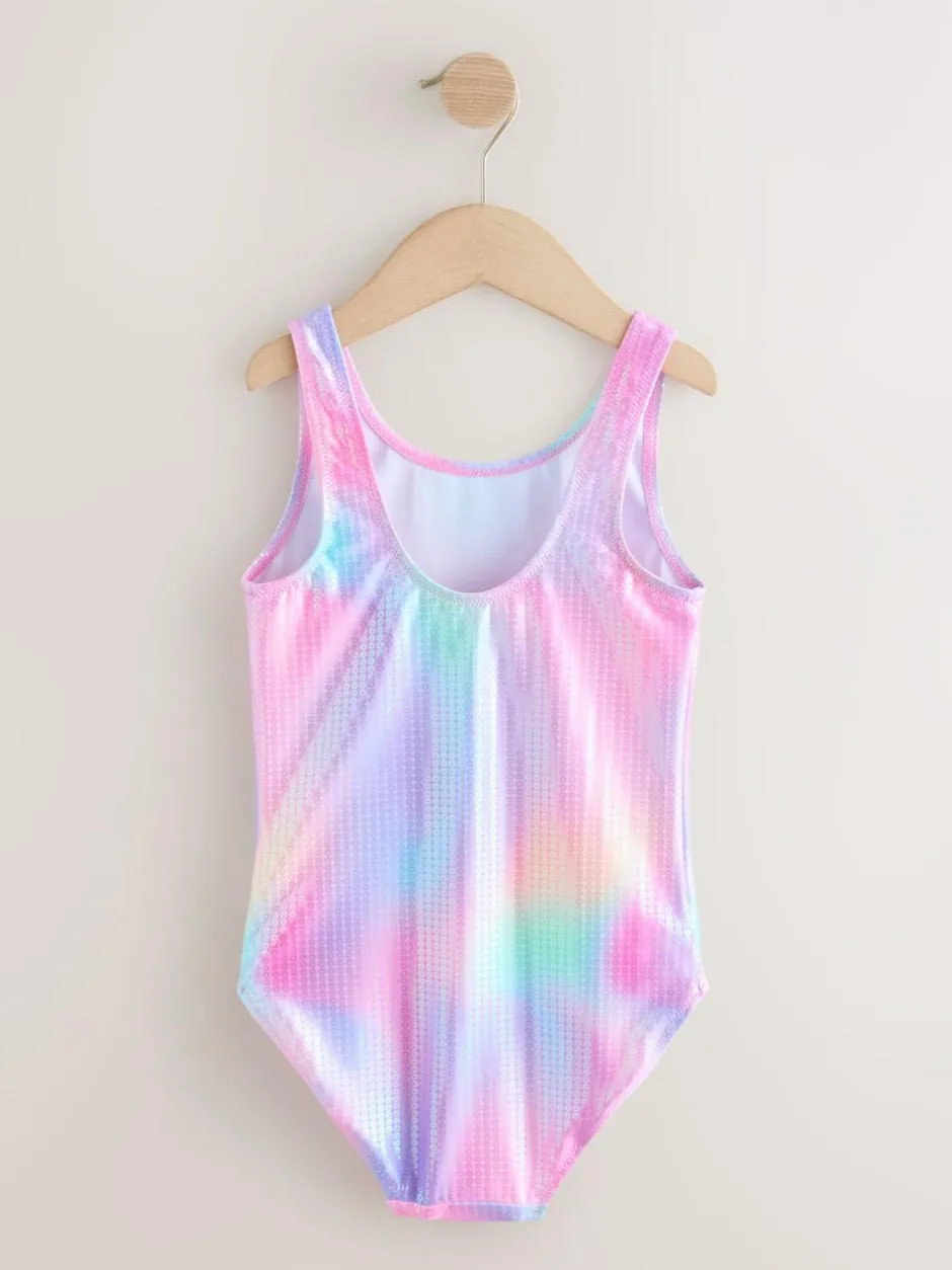Next Scoop Neck Swimsuit (3-16yrs) Pink Rainbow Foil Sequin New