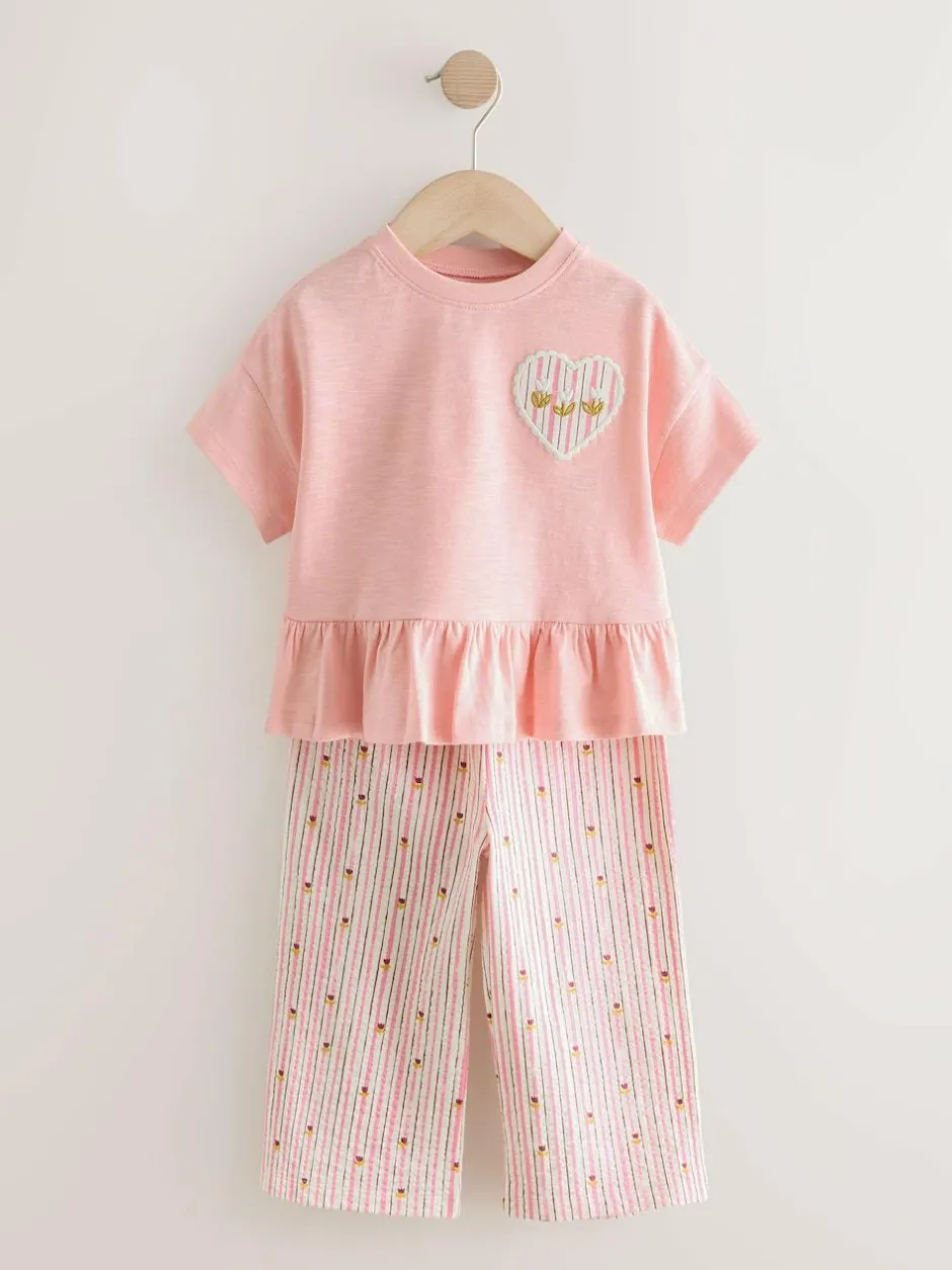 Next Pink Short Sleeve Peplum T-Shirt and Wide Leg Trousers Set (3mths-7yrs)