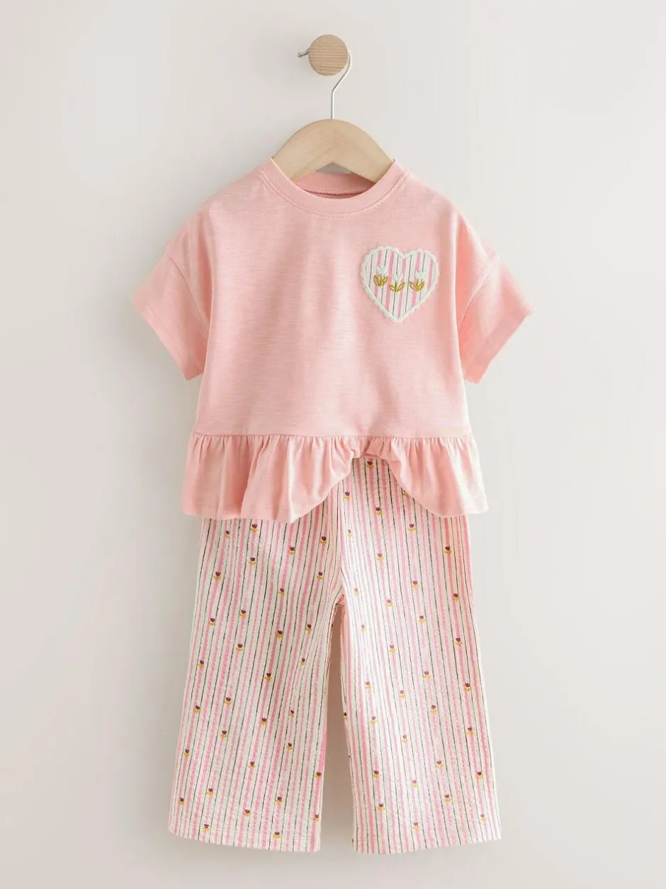 Next Pink Short Sleeve Peplum T-Shirt and Wide Leg Trousers Set (3mths-7yrs)