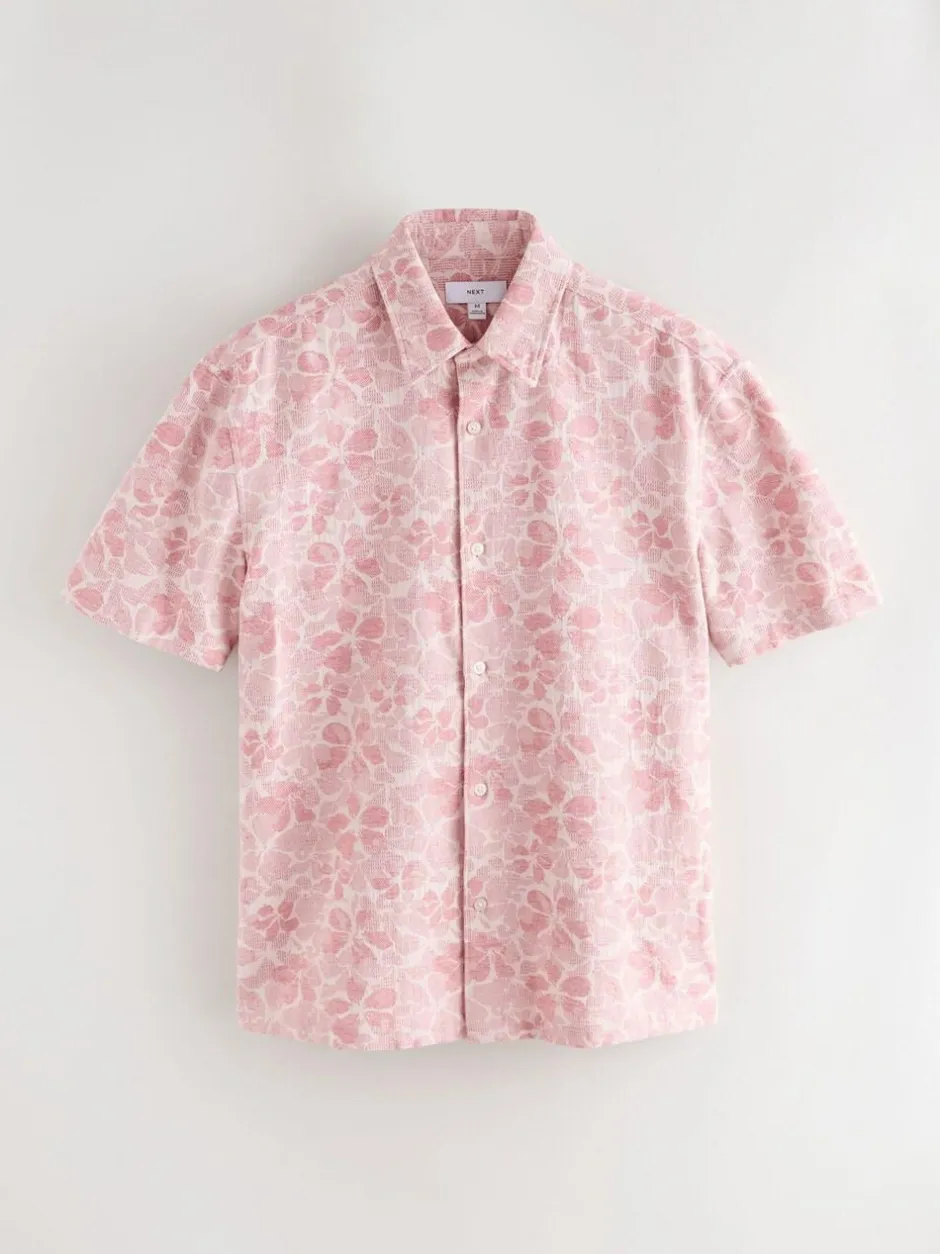 Next Textured Floral Print Short Sleeve Shirt Pink Hot