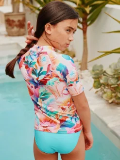Next Pink Tropical Short Sleeve Sunsafe Rash Vest And Pant Swim Set (3-16yrs) Best
