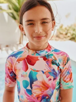 Next Pink Tropical Short Sleeve Sunsafe Rash Vest And Pant Swim Set (3-16yrs) Best