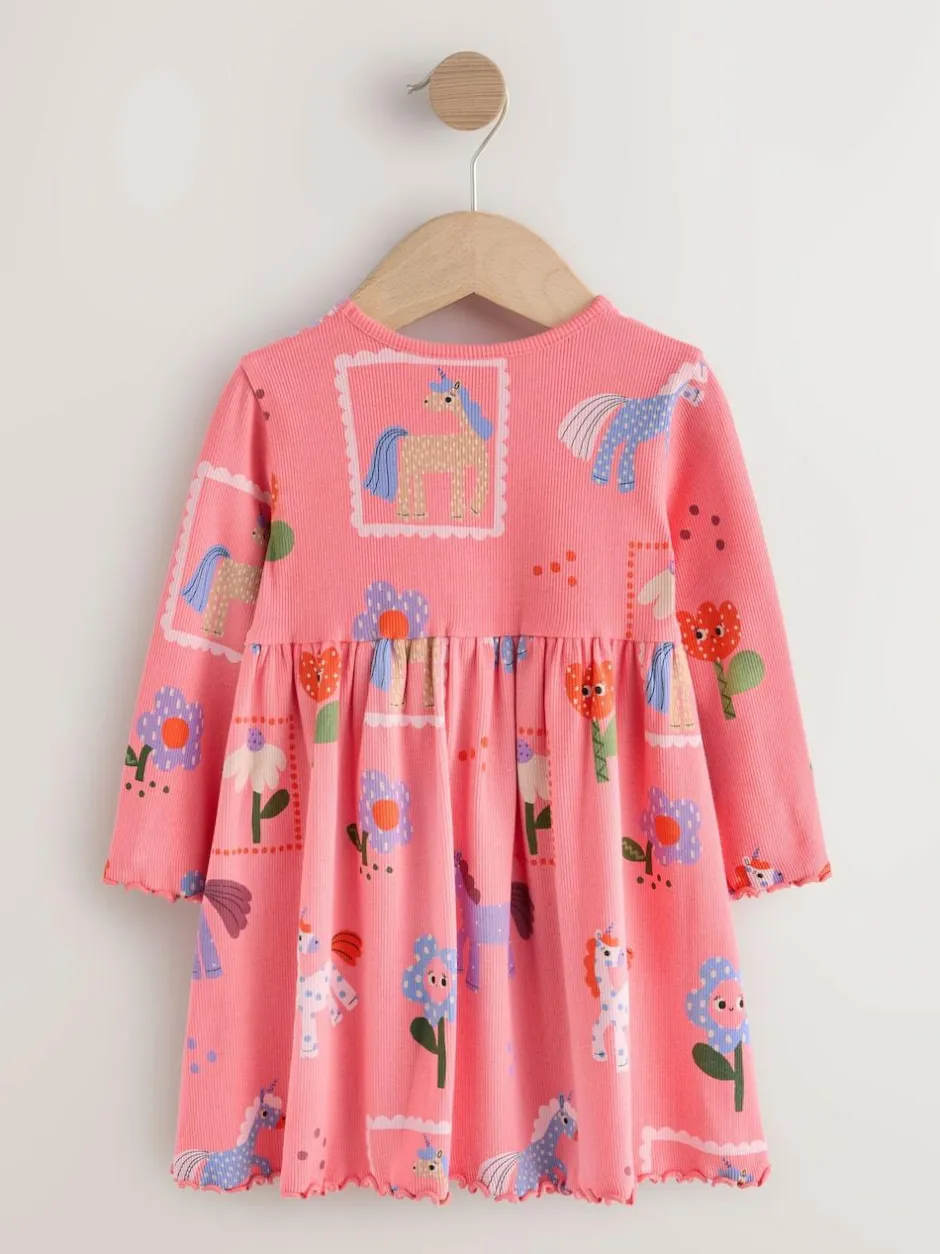 Next Pink Unicorn Long Sleeve Ribbed Dress (3mths-7yrs) Online
