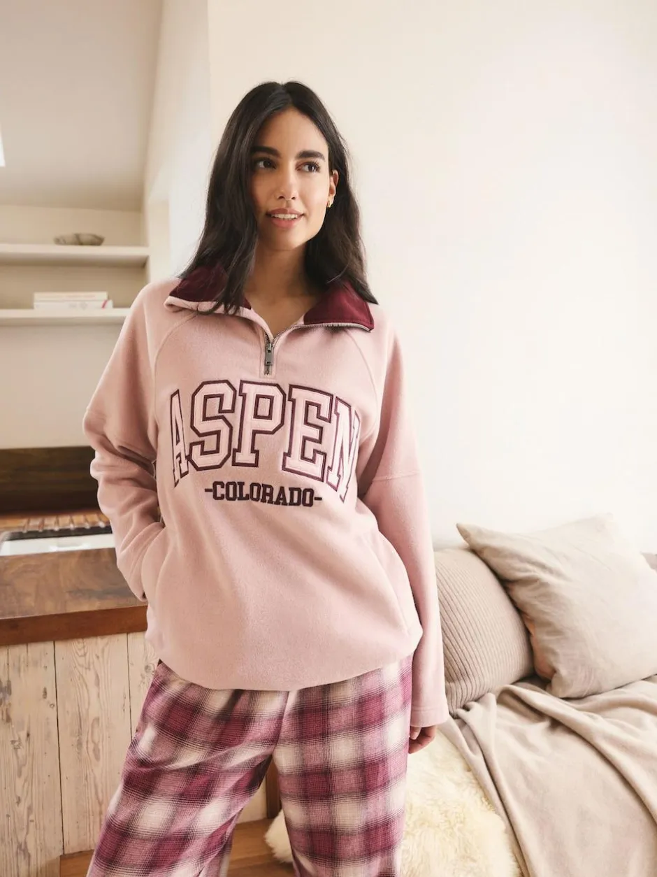 Next Half Zip Graphic Fleece Pink/Burgundy Red New