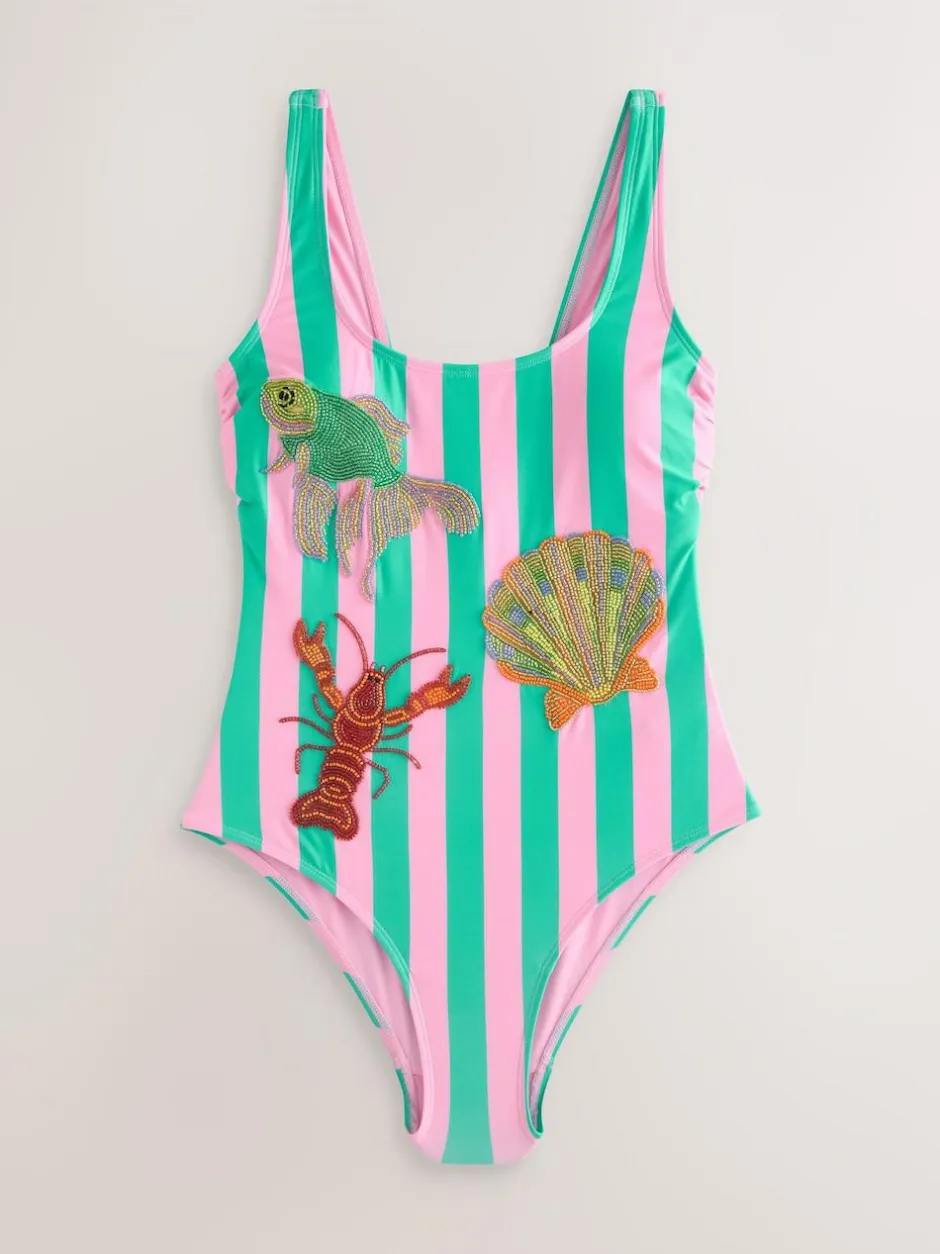 Next Pink/Green Stripe Beaded Embellished Tummy Control Scoop Swimsuit