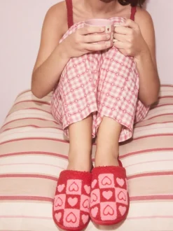 Next Pink/Red Borg Mule Check Heart Slippers Discount