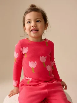 Next Pink/Red Flower Rib Long Sleeve T-Shirt (3mths-7yrs) New