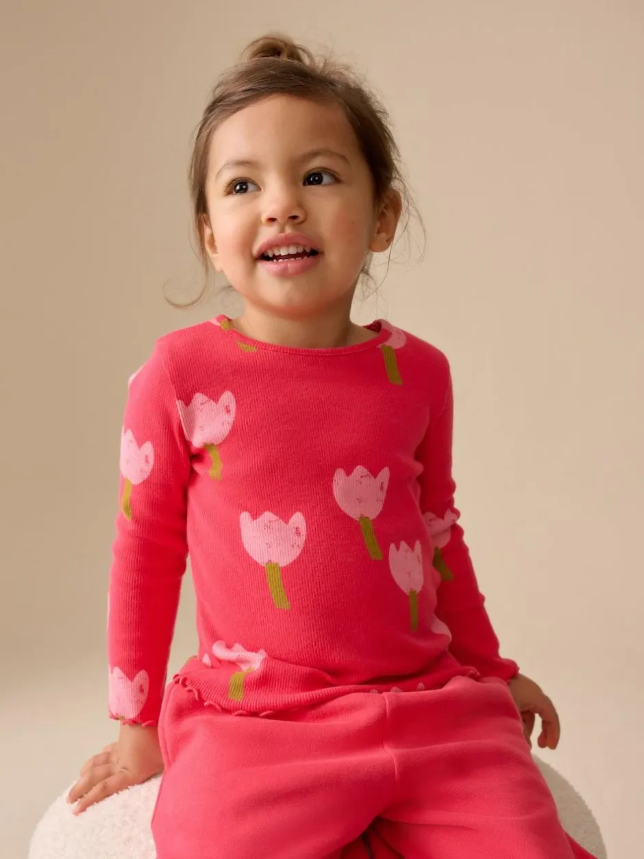 Next Pink/Red Flower Rib Long Sleeve T-Shirt (3mths-7yrs) New