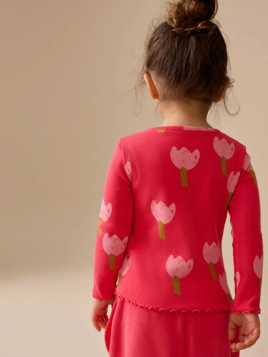 Next Pink/Red Flower Rib Long Sleeve T-Shirt (3mths-7yrs) New