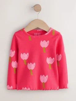 Next Pink/Red Flower Rib Long Sleeve T-Shirt (3mths-7yrs) New