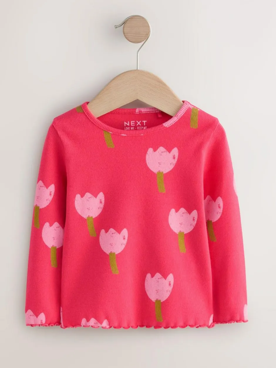 Next Pink/Red Flower Rib Long Sleeve T-Shirt (3mths-7yrs) New