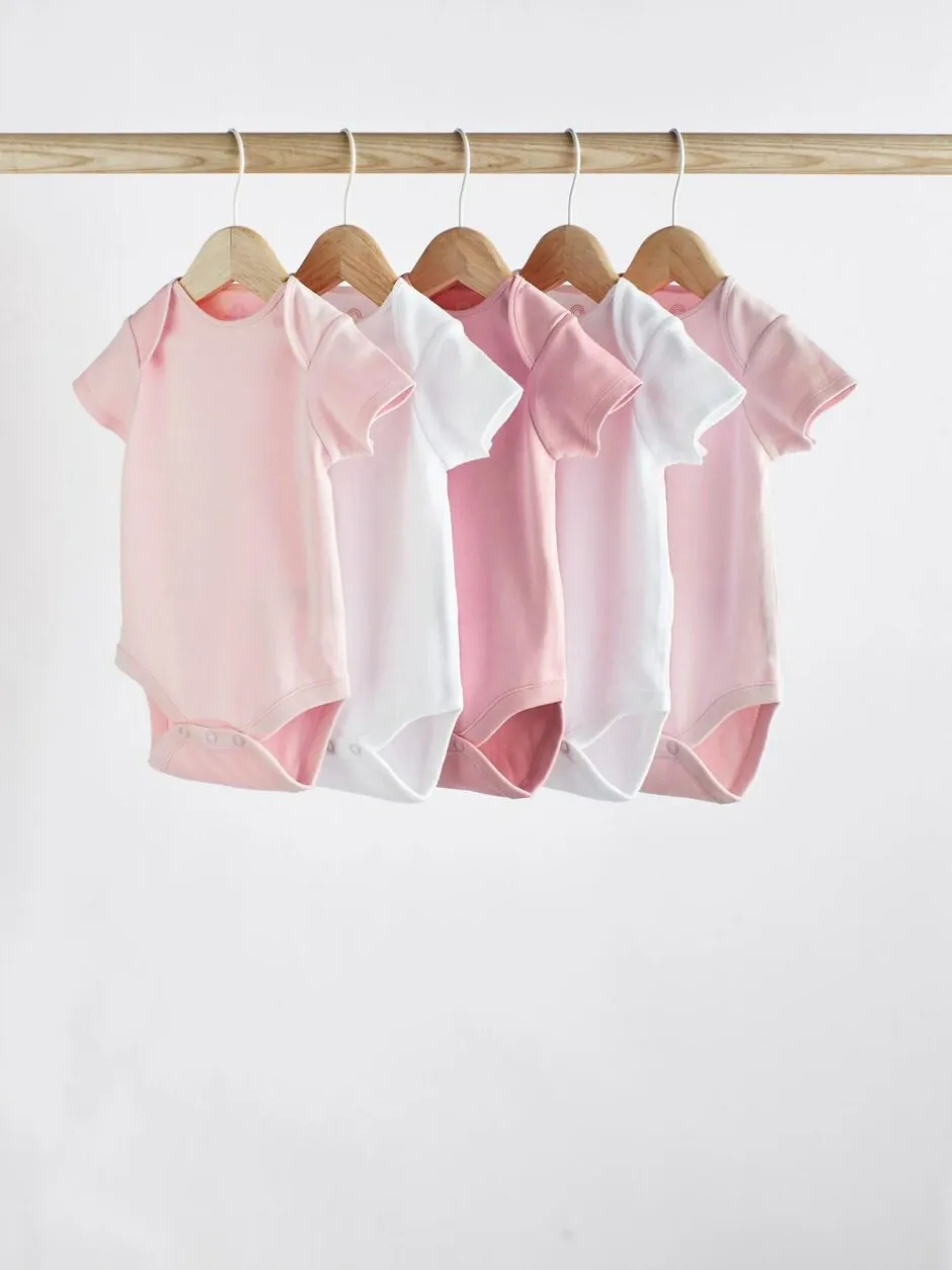 Next Pink/White 5 Pack Essential Short Sleeve Baby Bodysuits Discount