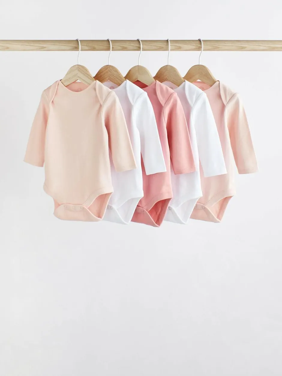 Next Pink/White 5 Pack Essential Long Sleeve Baby Bodysuits Online
