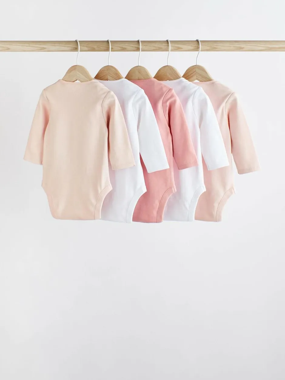 Next Pink/White 5 Pack Essential Long Sleeve Baby Bodysuits Online