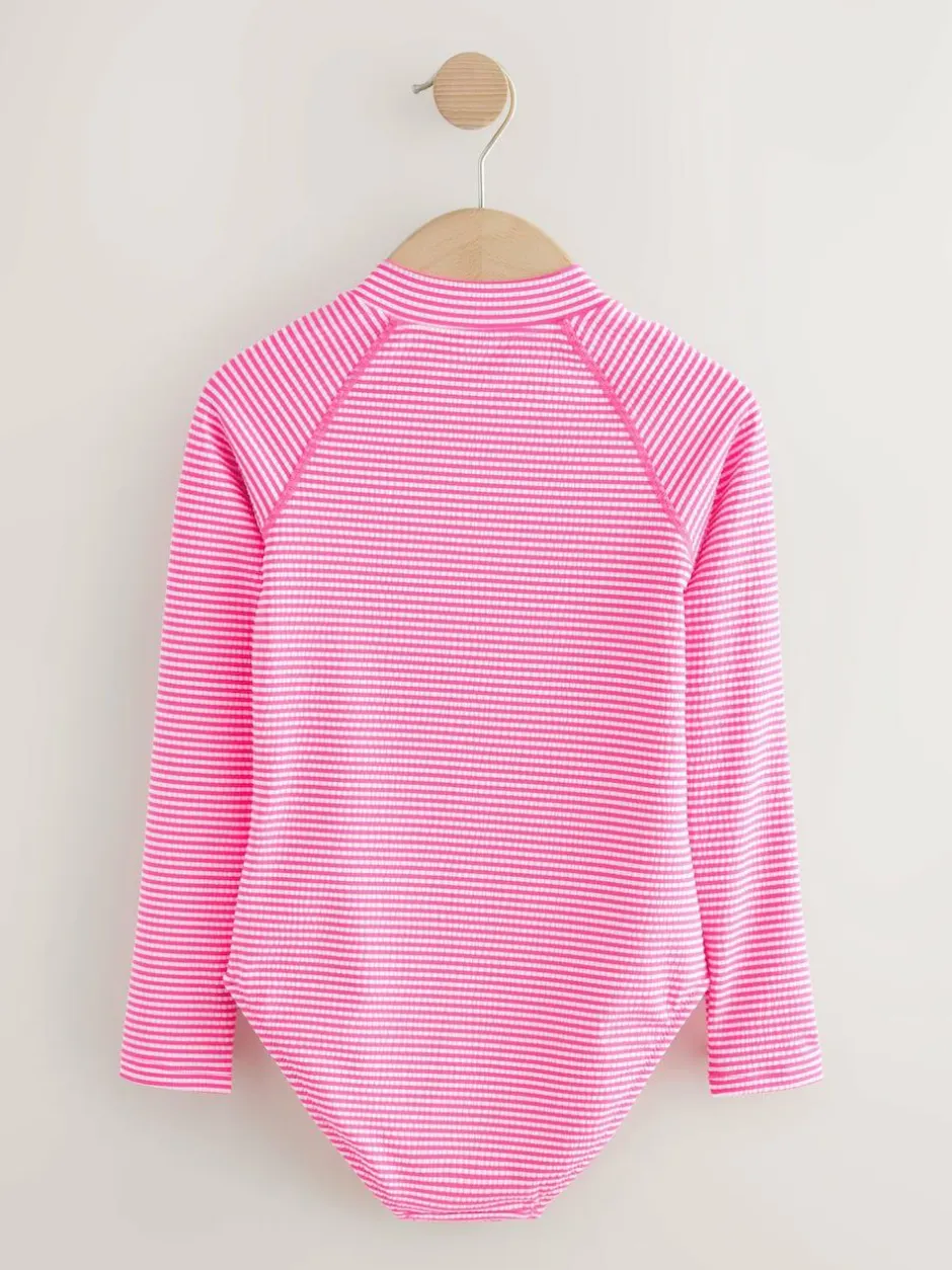 Next Textured Long Sleeve Sunsafe Swimsuit (3-16yrs) Pink/White Stripe