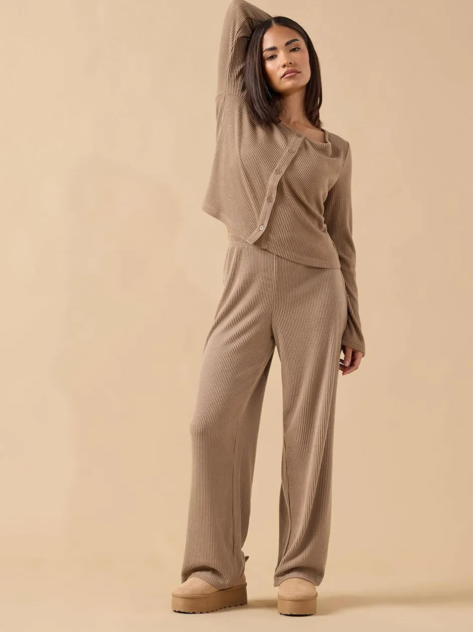 PixieGirl Petite Ribbed Wide Leg Joggers Brown Hot