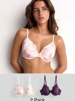 Next Plum Purple/Floral Print Full Cup A-E Smoothing Ultimate Comfort Bras 2 Pack Hot