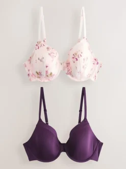 Next Plum Purple/Floral Print Full Cup A-E Smoothing Ultimate Comfort Bras 2 Pack Hot