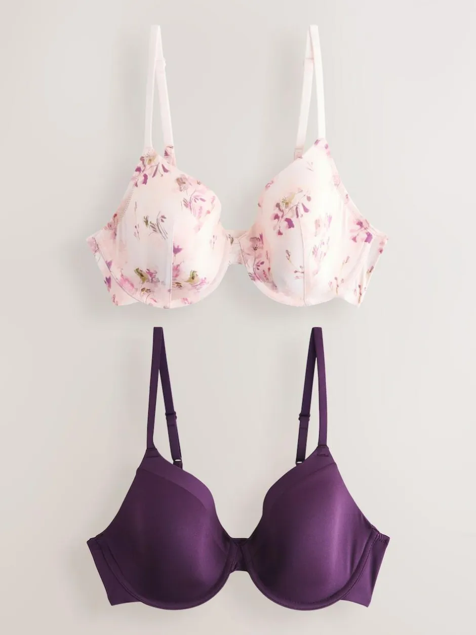 Next Plum Purple/Floral Print Full Cup A-E Smoothing Ultimate Comfort Bras 2 Pack Hot