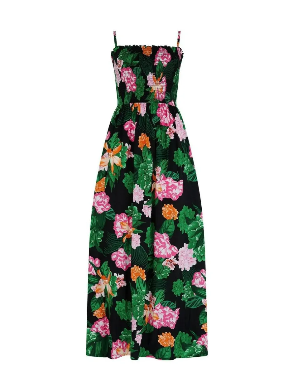 Pour Moi Black Floral Strapless Shirred Bodice Woven Maxi Beach Dress Online