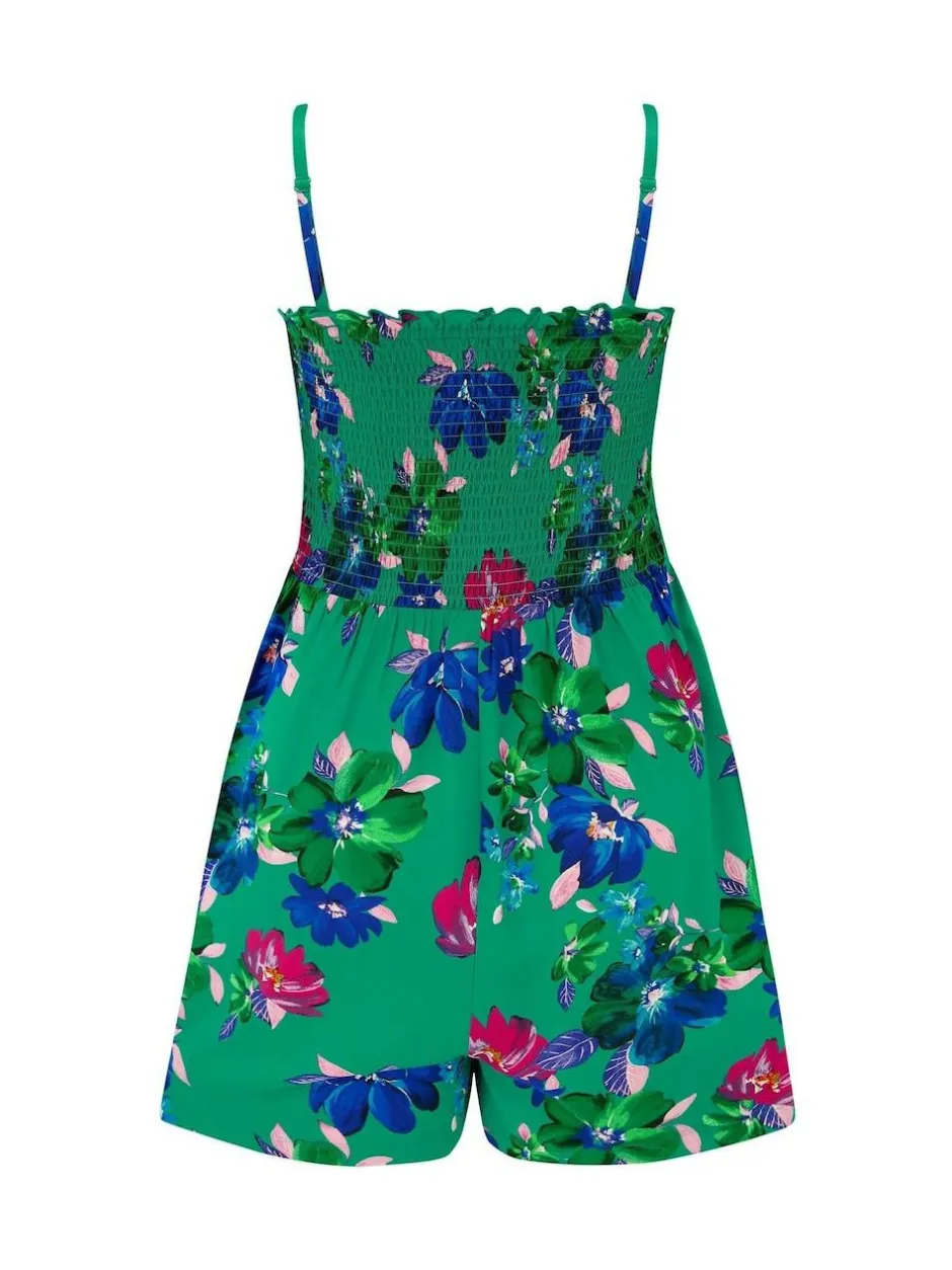 Pour Moi Strapless Shirred Bodice Woven Beach Playsuit Green