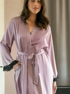 Pour Moi Dusk Satin and Lace Kimono Sleeve Dressing Gown Purple Outlet