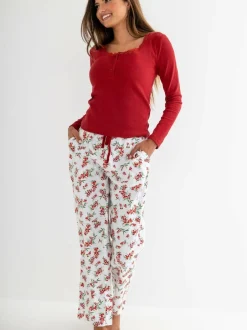 Pour Moi Red Rib Jersey Lace Trim Henley Top and Brushed Cotton Pyjamas Set Outlet