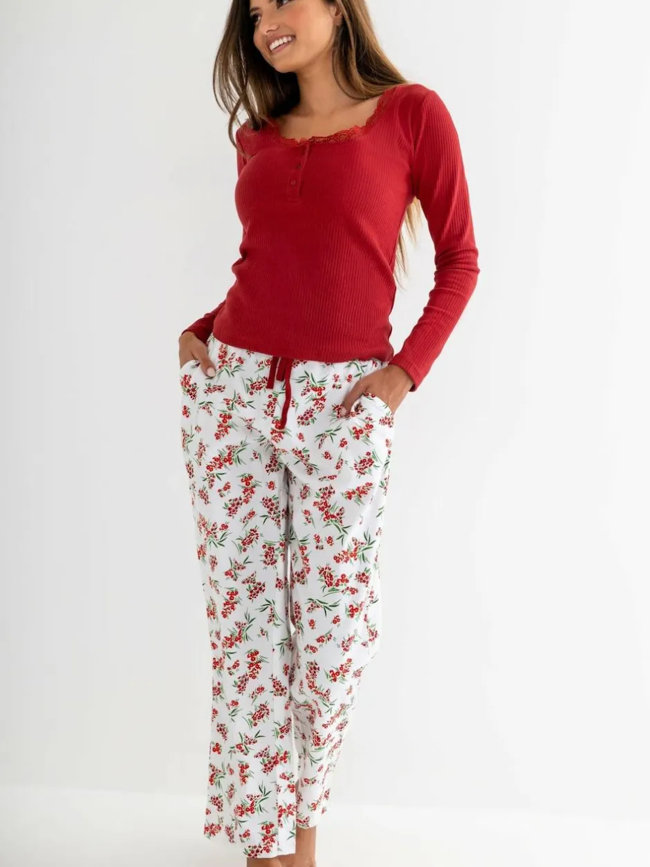 Pour Moi Red Rib Jersey Lace Trim Henley Top and Brushed Cotton Pyjamas Set Outlet