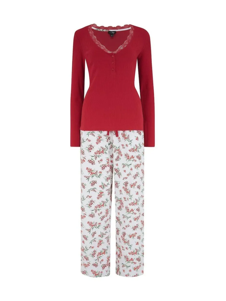 Pour Moi Red Rib Jersey Lace Trim Henley Top and Brushed Cotton Pyjamas Set Outlet