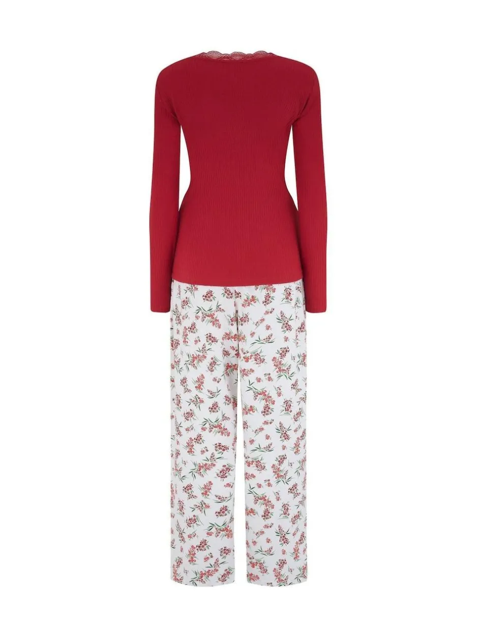 Pour Moi Red Rib Jersey Lace Trim Henley Top and Brushed Cotton Pyjamas Set Outlet