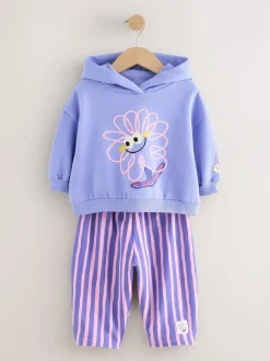 Next Purple Stripe Flower Hoodie & Barrel Leg Joggers Set (3mths-7yrs) Clearance
