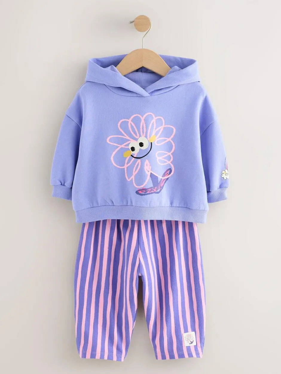 Next Purple Stripe Flower Hoodie & Barrel Leg Joggers Set (3mths-7yrs) Clearance
