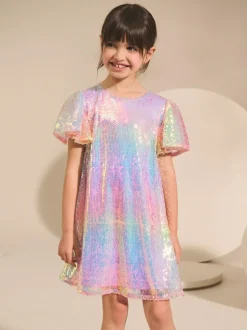 Next Angel Sleeve Sequin Party Dress (3-16yrs) Rainbow Clearance